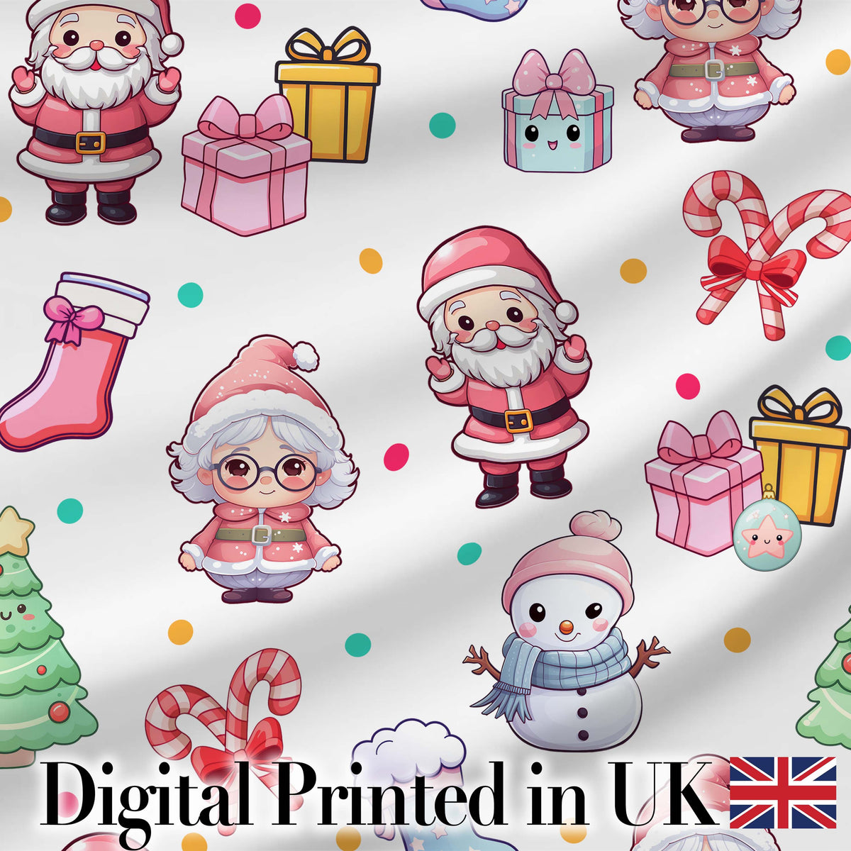 Cute Christmas Santa Snowman Gifts Candy Cane Seamless Pattern White Background Digital Print Fabric by the Metre UK Sewing Quilting Textile
