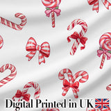 Cute Christmas Candy Cane and Ribbon Bow Sweet Treat Seamless Pattern Digital Print Fabric by the Metre UK Sewing Quilting Textile