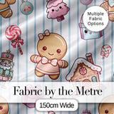 Cute Gingerbread Girl Candy House Blue Stripe Background Seamless Pattern Digital Print Fabric by the Metre UK Sewing Quilting Textile