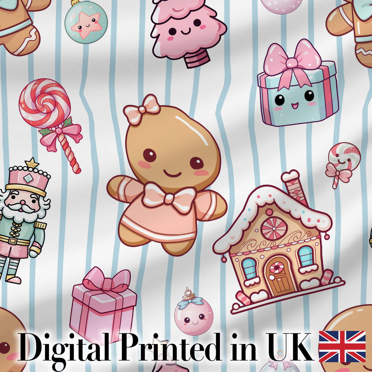 Cute Gingerbread Girl Candy House Blue Stripe Background Seamless Pattern Digital Print Fabric by the Metre UK Sewing Quilting Textile