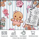 Cute Gingerbread Girl Candy House Blue Stripe Background Seamless Pattern Digital Print Fabric by the Metre UK Sewing Quilting Textile