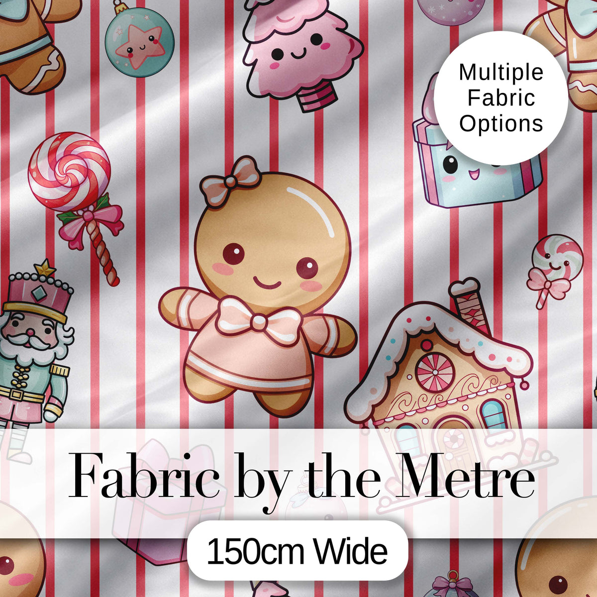 Cute Gingerbread Girl Candy House Pink Stripe Background Seamless Pattern Digital Print Fabric by the Metre UK Sewing Quilting Textile