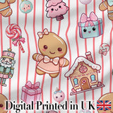 Cute Gingerbread Girl Candy House Pink Stripe Background Seamless Pattern Digital Print Fabric by the Metre UK Sewing Quilting Textile