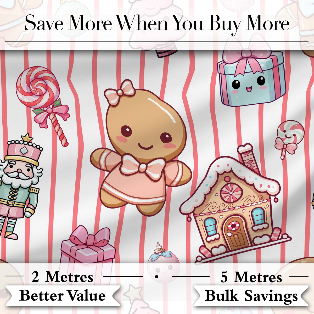 Cute Gingerbread Girl Candy House Pink Stripe Background Seamless Pattern Digital Print Fabric by the Metre UK Sewing Quilting Textile