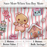 Cute Gingerbread Girl Candy House Pink Stripe Background Seamless Pattern Digital Print Fabric by the Metre UK Sewing Quilting Textile