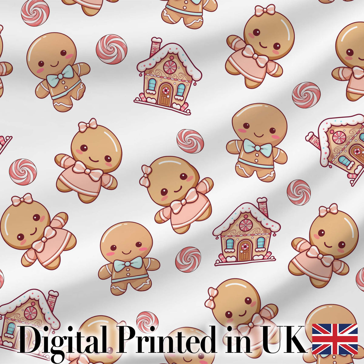 Cute Gingerbread Couple Candy Swirl Sweets Christmas Seamless Pattern Digital Print Fabric by the Metre UK Sewing Quilting Textile