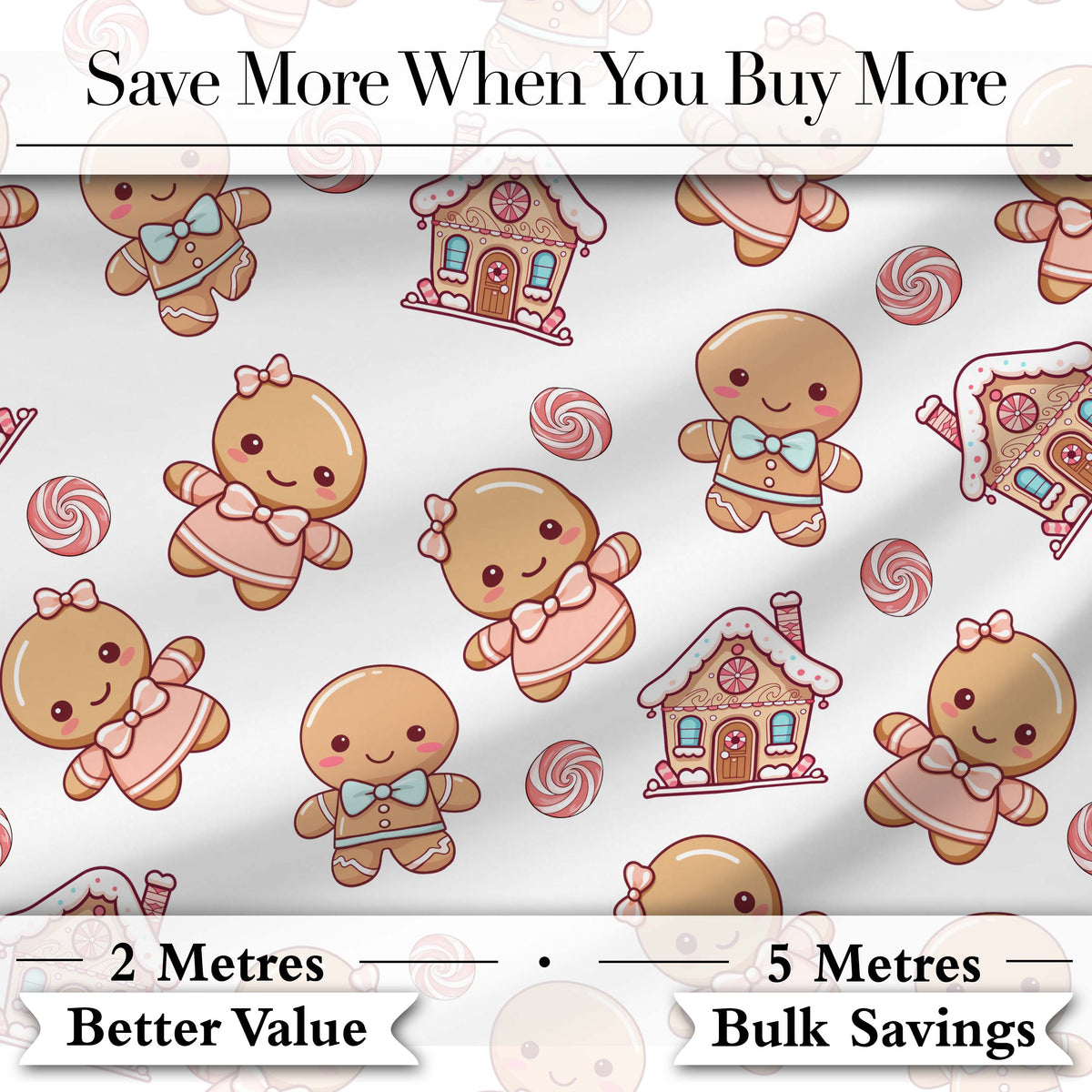 Cute Gingerbread Couple Candy Swirl Sweets Christmas Seamless Pattern Digital Print Fabric by the Metre UK Sewing Quilting Textile