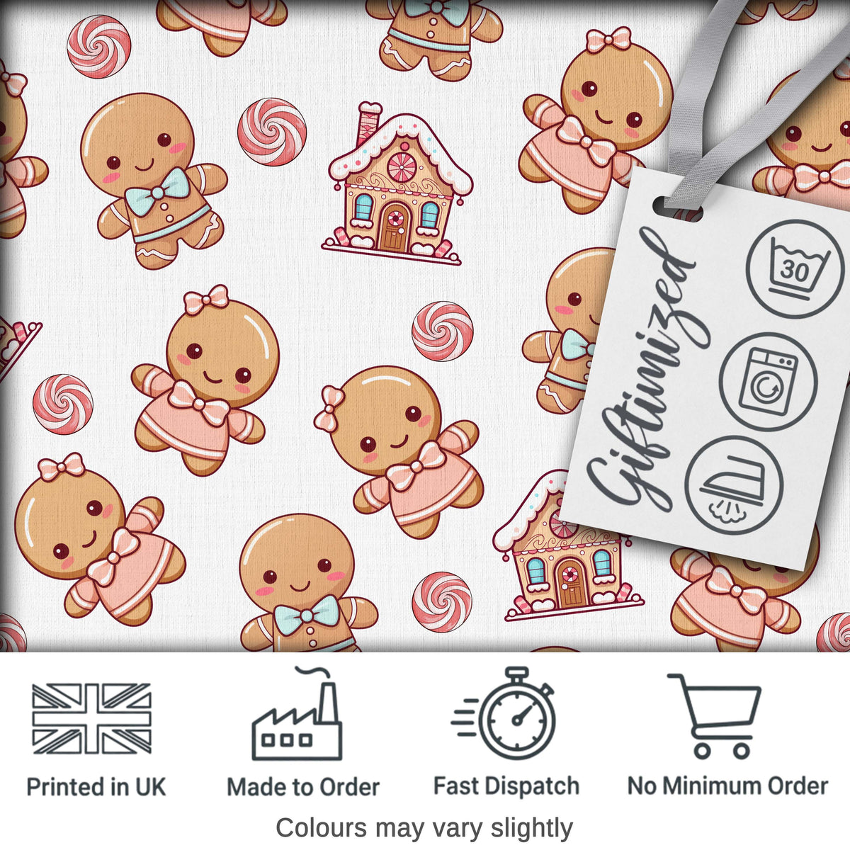 Cute Gingerbread Couple Candy Swirl Sweets Christmas Seamless Pattern Digital Print Fabric by the Metre UK Sewing Quilting Textile