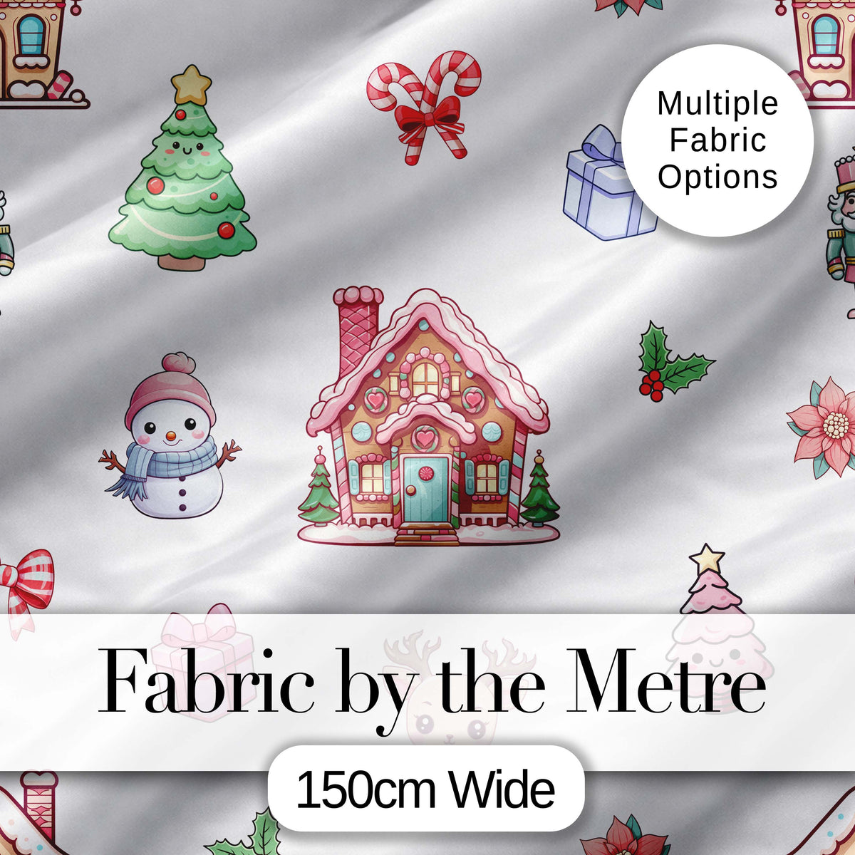 Cute Christmas Snowman Tree Gift Gingerbread House Seamless Pattern Digital Print Fabric by the Metre UK Sewing Quilting Textile