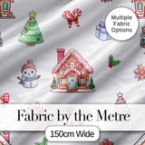Cute Christmas Snowman Tree Gift Gingerbread House Seamless Pattern Digital Print Fabric by the Metre UK Sewing Quilting Textile
