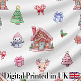 Cute Christmas Snowman Tree Gift Gingerbread House Seamless Pattern Digital Print Fabric by the Metre UK Sewing Quilting Textile