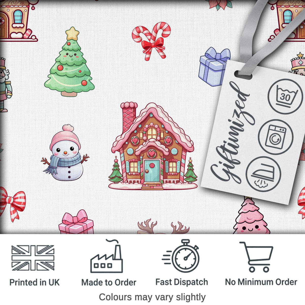 Cute Christmas Snowman Tree Gift Gingerbread House Seamless Pattern Digital Print Fabric by the Metre UK Sewing Quilting Textile