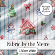 Cute Christmas Gingerbread House Snowman Tree Gift Blue Stripe Seamless Pattern Digital Print Fabric by the Metre UK Sewing Quilting Textile