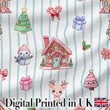 Cute Christmas Gingerbread House Snowman Tree Gift Blue Stripe Seamless Pattern Digital Print Fabric by the Metre UK Sewing Quilting Textile