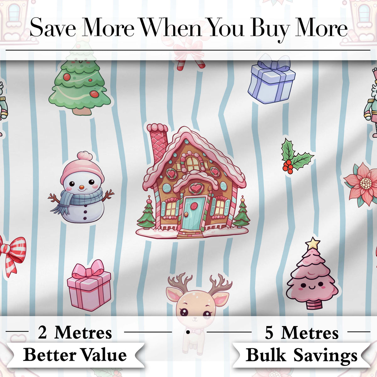Cute Christmas Gingerbread House Snowman Tree Gift Blue Stripe Seamless Pattern Digital Print Fabric by the Metre UK Sewing Quilting Textile