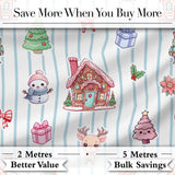 Cute Christmas Gingerbread House Snowman Tree Gift Blue Stripe Seamless Pattern Digital Print Fabric by the Metre UK Sewing Quilting Textile
