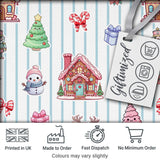 Cute Christmas Gingerbread House Snowman Tree Gift Blue Stripe Seamless Pattern Digital Print Fabric by the Metre UK Sewing Quilting Textile