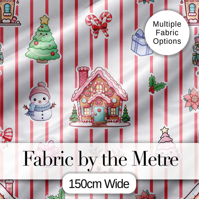 Cute Christmas Gingerbread House Snowman Tree Gift Red Stripe Seamless Pattern Digital Print Fabric by the Metre UK Sewing Quilting Textile