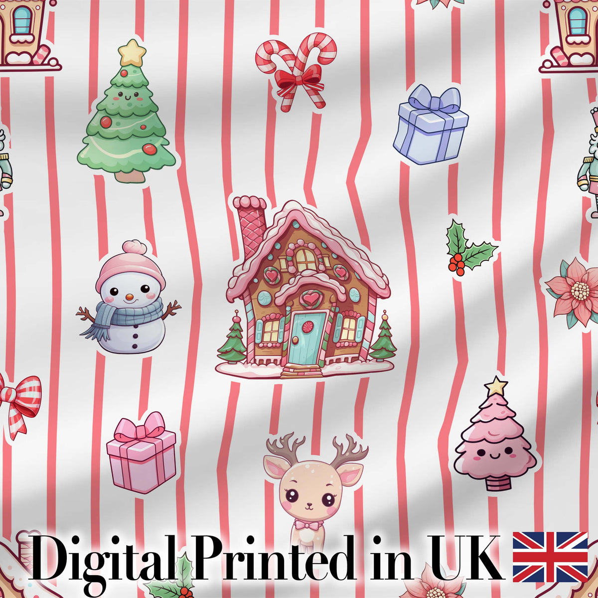 Cute Christmas Gingerbread House Snowman Tree Gift Red Stripe Seamless Pattern Digital Print Fabric by the Metre UK Sewing Quilting Textile