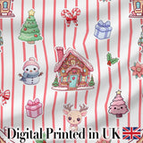 Cute Christmas Gingerbread House Snowman Tree Gift Red Stripe Seamless Pattern Digital Print Fabric by the Metre UK Sewing Quilting Textile