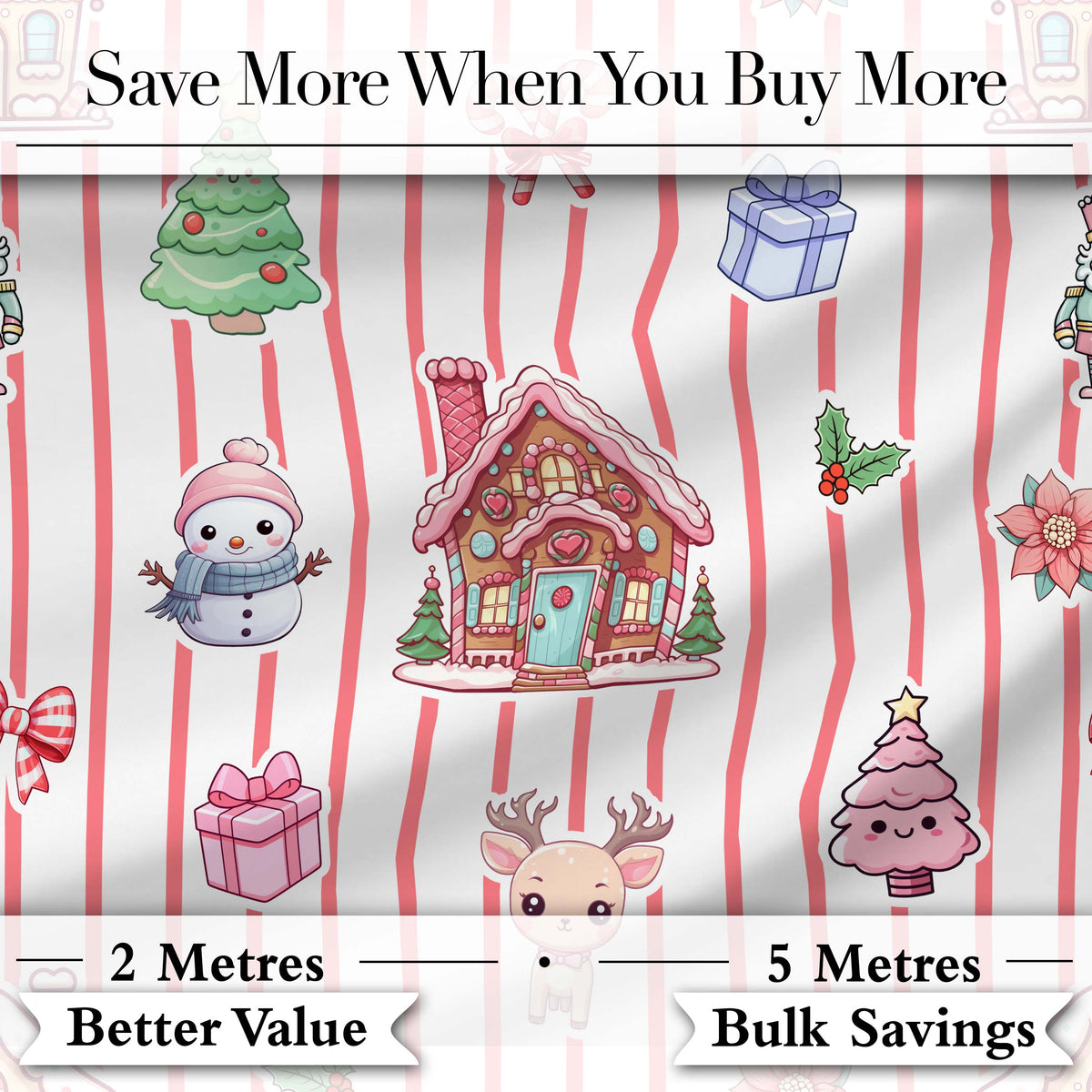 Cute Christmas Gingerbread House Snowman Tree Gift Red Stripe Seamless Pattern Digital Print Fabric by the Metre UK Sewing Quilting Textile