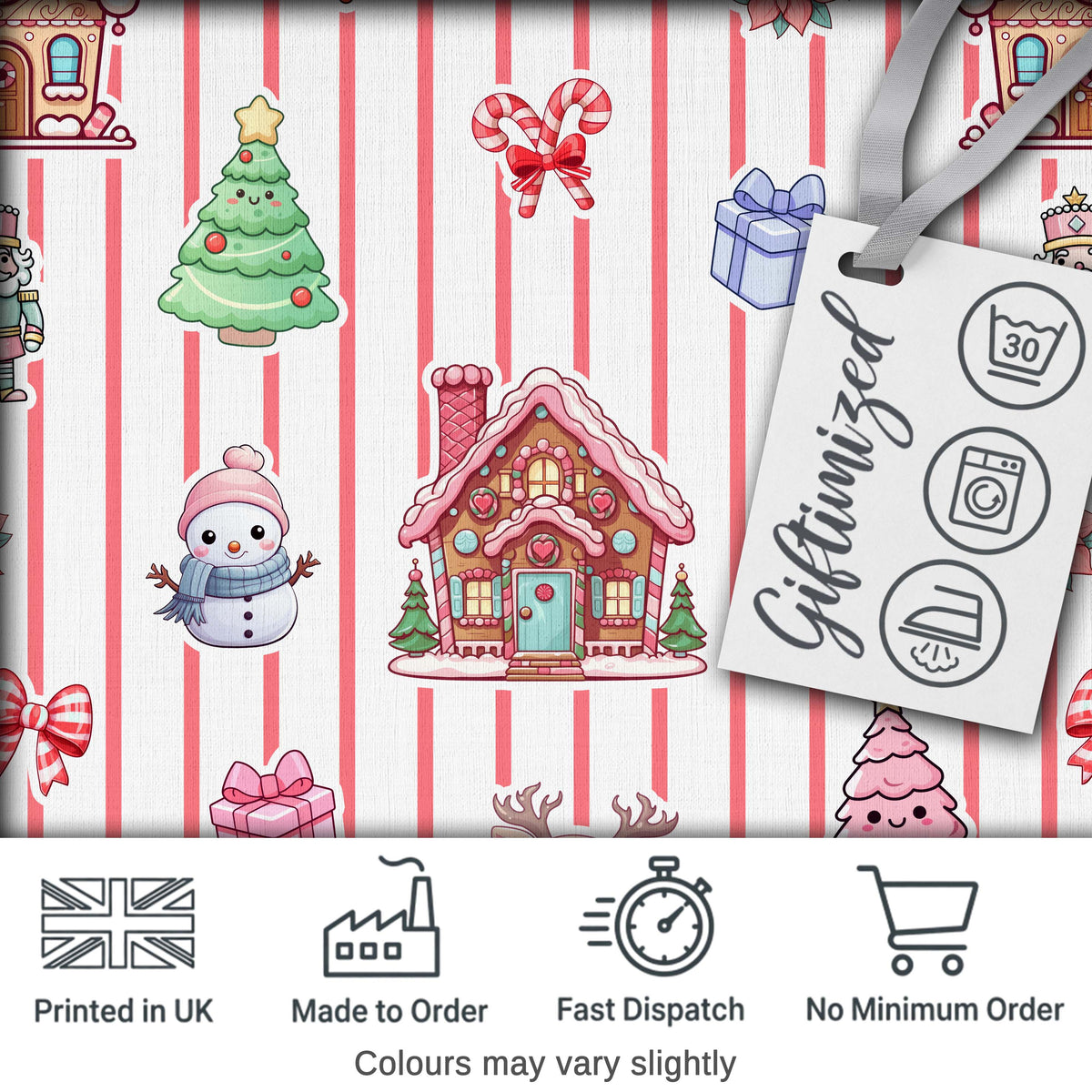 Cute Christmas Gingerbread House Snowman Tree Gift Red Stripe Seamless Pattern Digital Print Fabric by the Metre UK Sewing Quilting Textile
