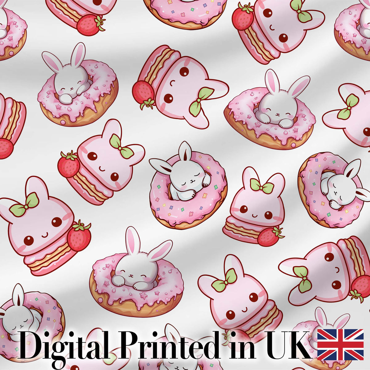 Cute Strawberry Bunny Donut Dessert Kawaii Sweet Seamless Pattern Digital Print Fabric by the Metre UK Sewing Quilting Textile