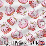 Cute Strawberry Bunny Donut Dessert Kawaii Sweet Seamless Pattern Digital Print Fabric by the Metre UK Sewing Quilting Textile