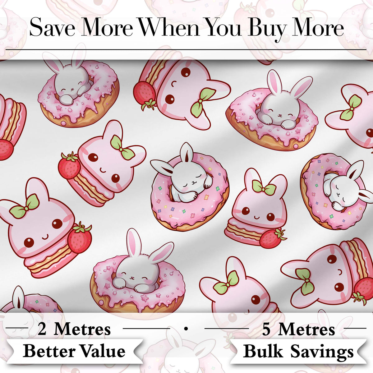 Cute Strawberry Bunny Donut Dessert Kawaii Sweet Seamless Pattern Digital Print Fabric by the Metre UK Sewing Quilting Textile