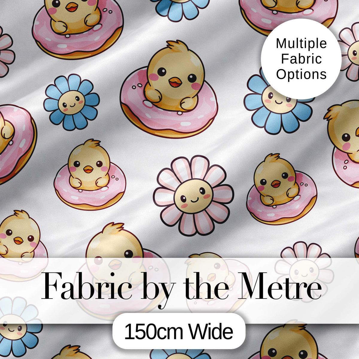 Cute Chick Donut Flower Kawaii Spring Sweet Seamless Pattern Digital Print Fabric by the Metre UK Sewing Quilting Textile