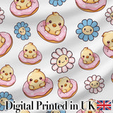 Cute Chick Donut Flower Kawaii Spring Sweet Seamless Pattern Digital Print Fabric by the Metre UK Sewing Quilting Textile