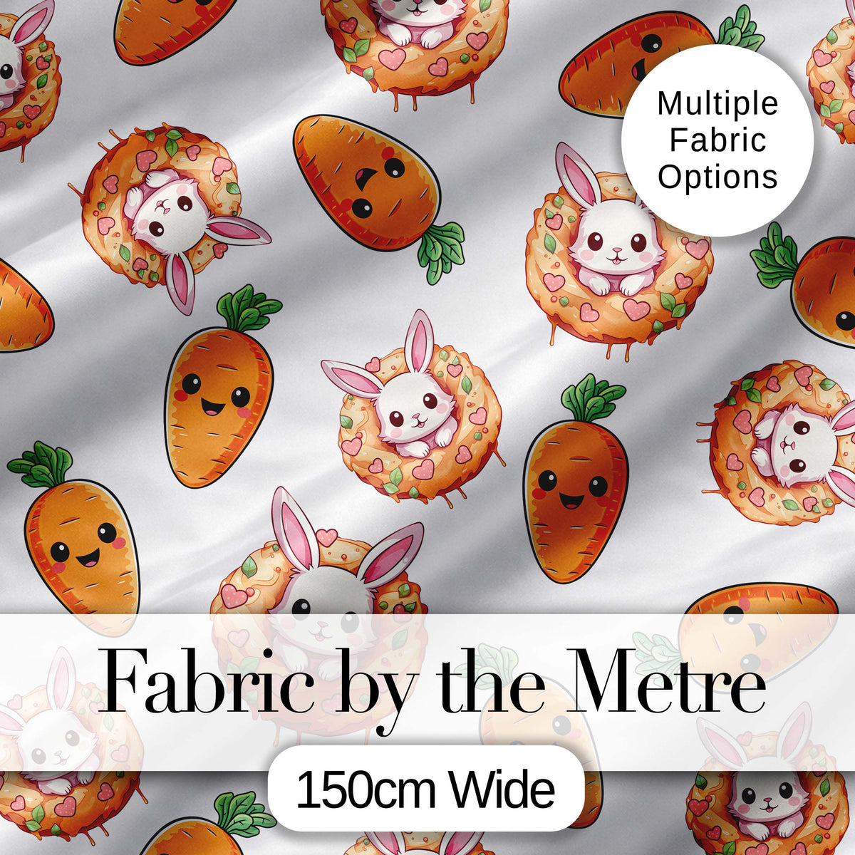 Cute Bunny Carrot Donut Kawaii Easter Sweet Seamless Pattern Digital Print Fabric by the Metre UK Sewing Quilting Textile