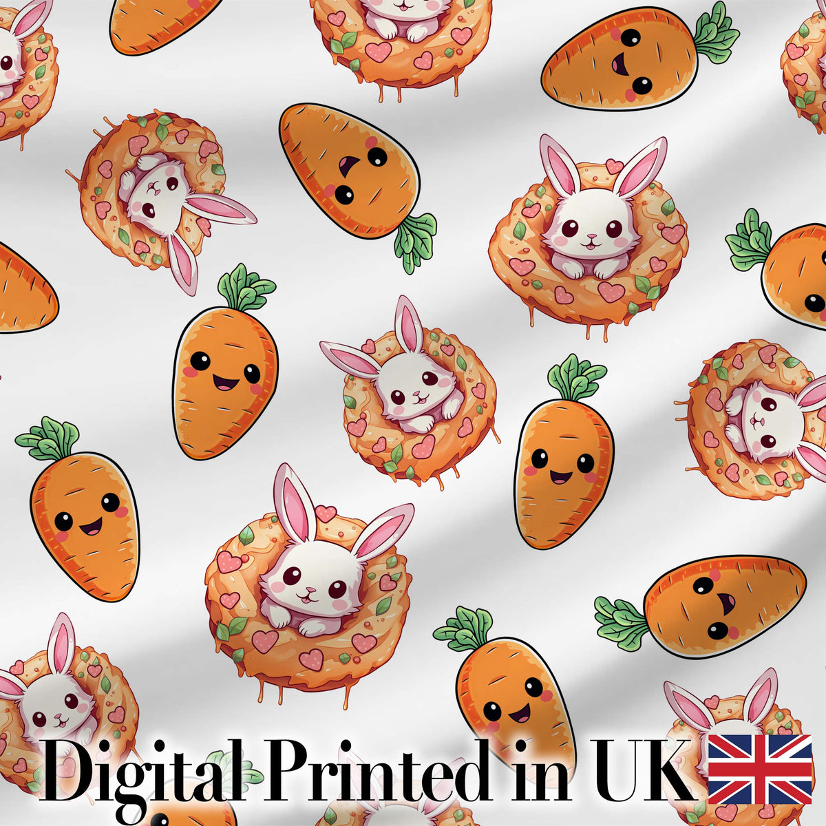 Cute Bunny Carrot Donut Kawaii Easter Sweet Seamless Pattern Digital Print Fabric by the Metre UK Sewing Quilting Textile