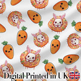 Cute Bunny Carrot Donut Kawaii Easter Sweet Seamless Pattern Digital Print Fabric by the Metre UK Sewing Quilting Textile