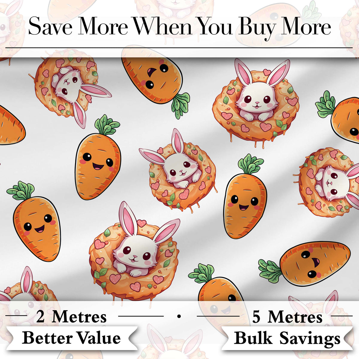 Cute Bunny Carrot Donut Kawaii Easter Sweet Seamless Pattern Digital Print Fabric by the Metre UK Sewing Quilting Textile