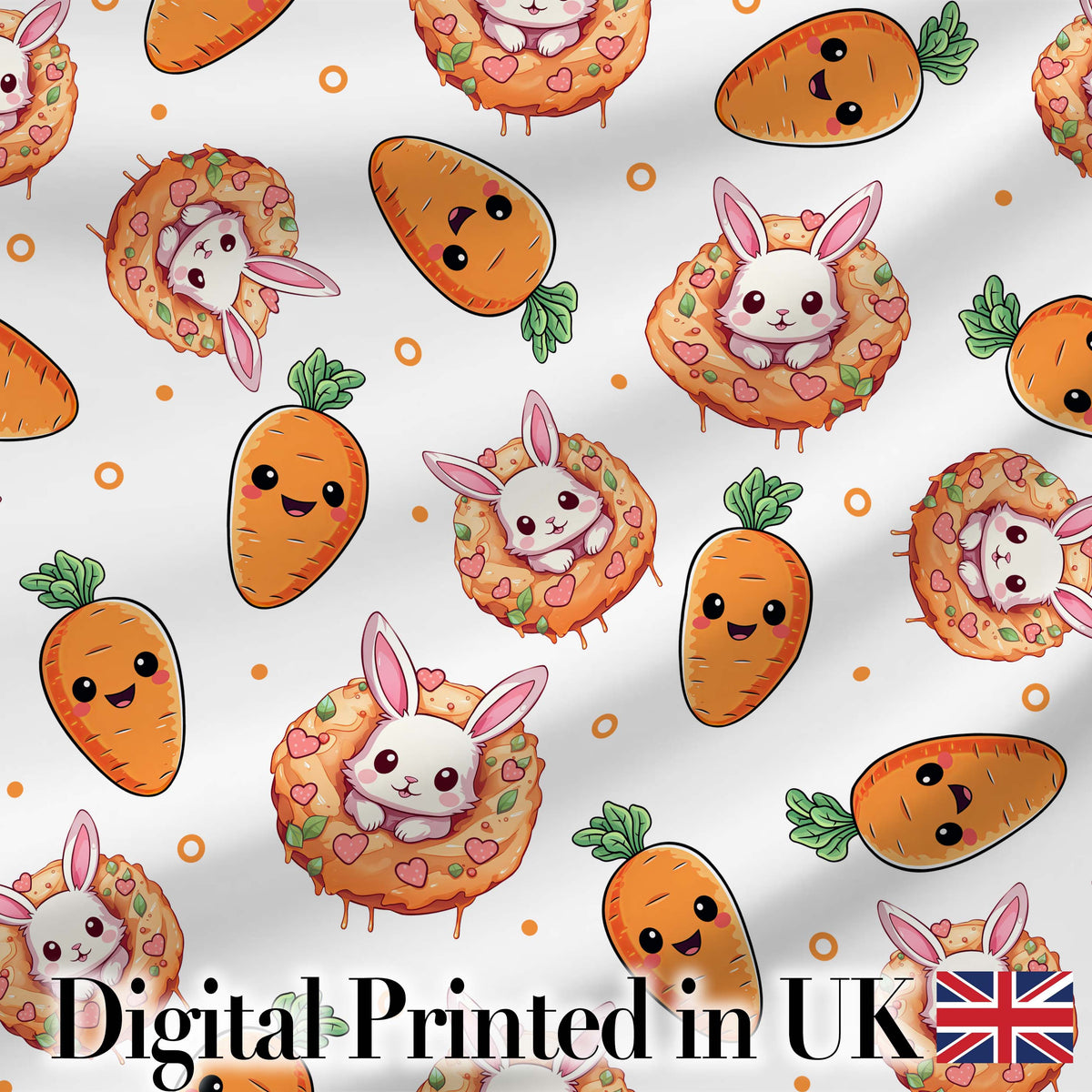 Cute Bunny Carrot Donut with Dots Easter Sweet Seamless Pattern Digital Print Fabric by the Metre UK Sewing Quilting Textile