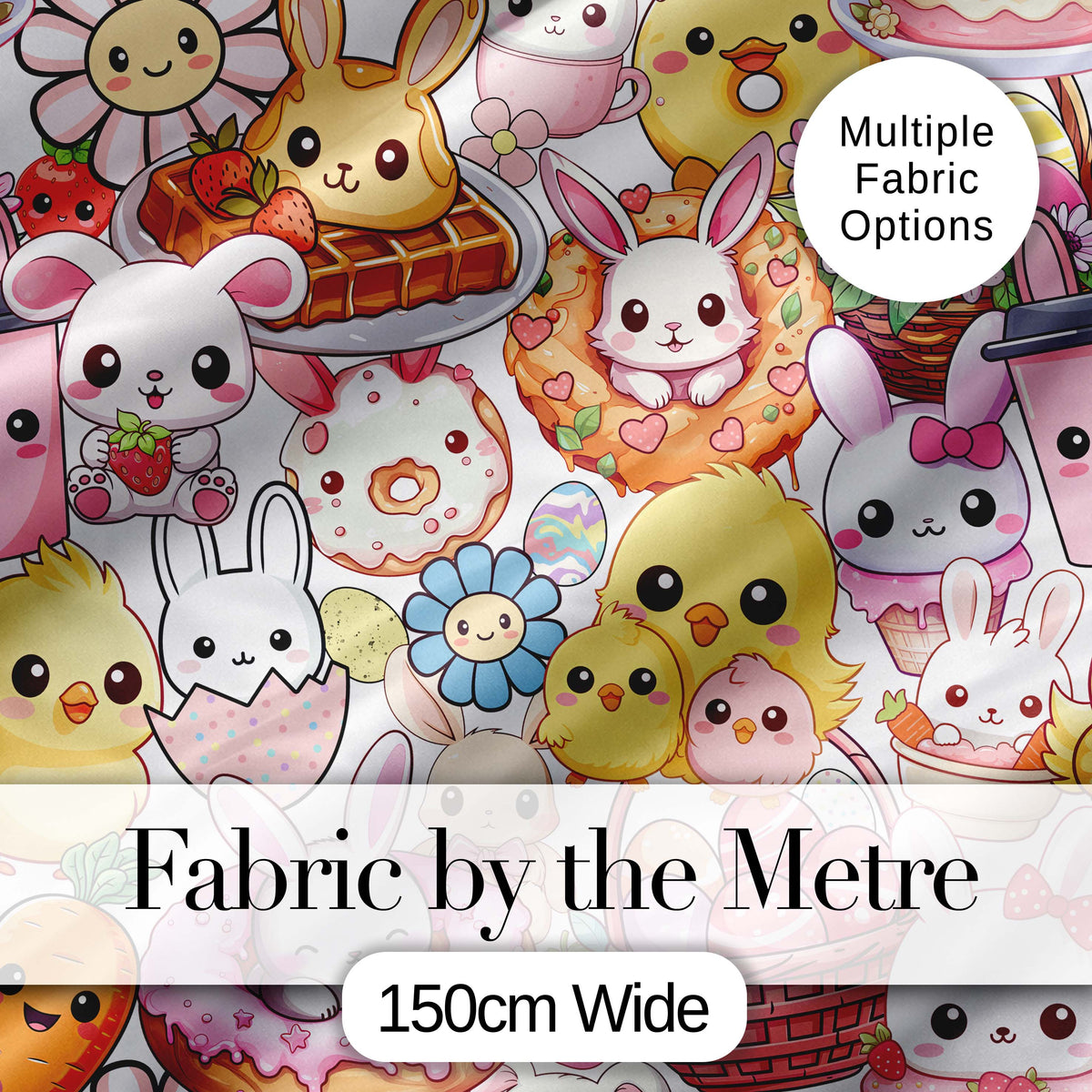 Cute Easter Bunny Chick Basket Egg Sweet Kawaii Seamless Pattern Digital Print Fabric by the Metre UK Sewing Quilting Textile