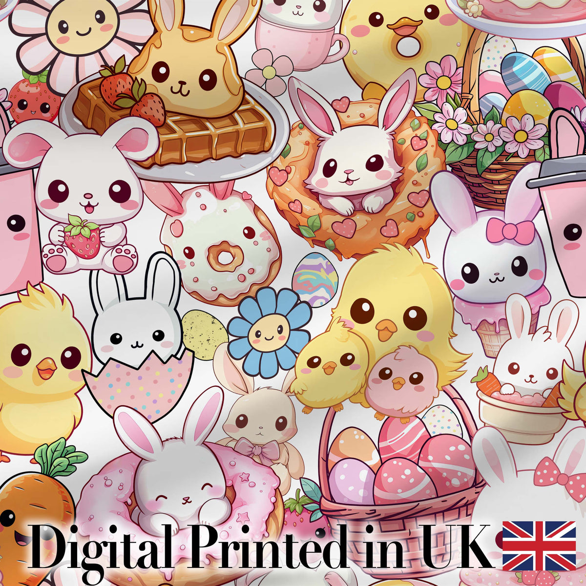 Cute Easter Bunny Chick Basket Egg Sweet Kawaii Seamless Pattern Digital Print Fabric by the Metre UK Sewing Quilting Textile