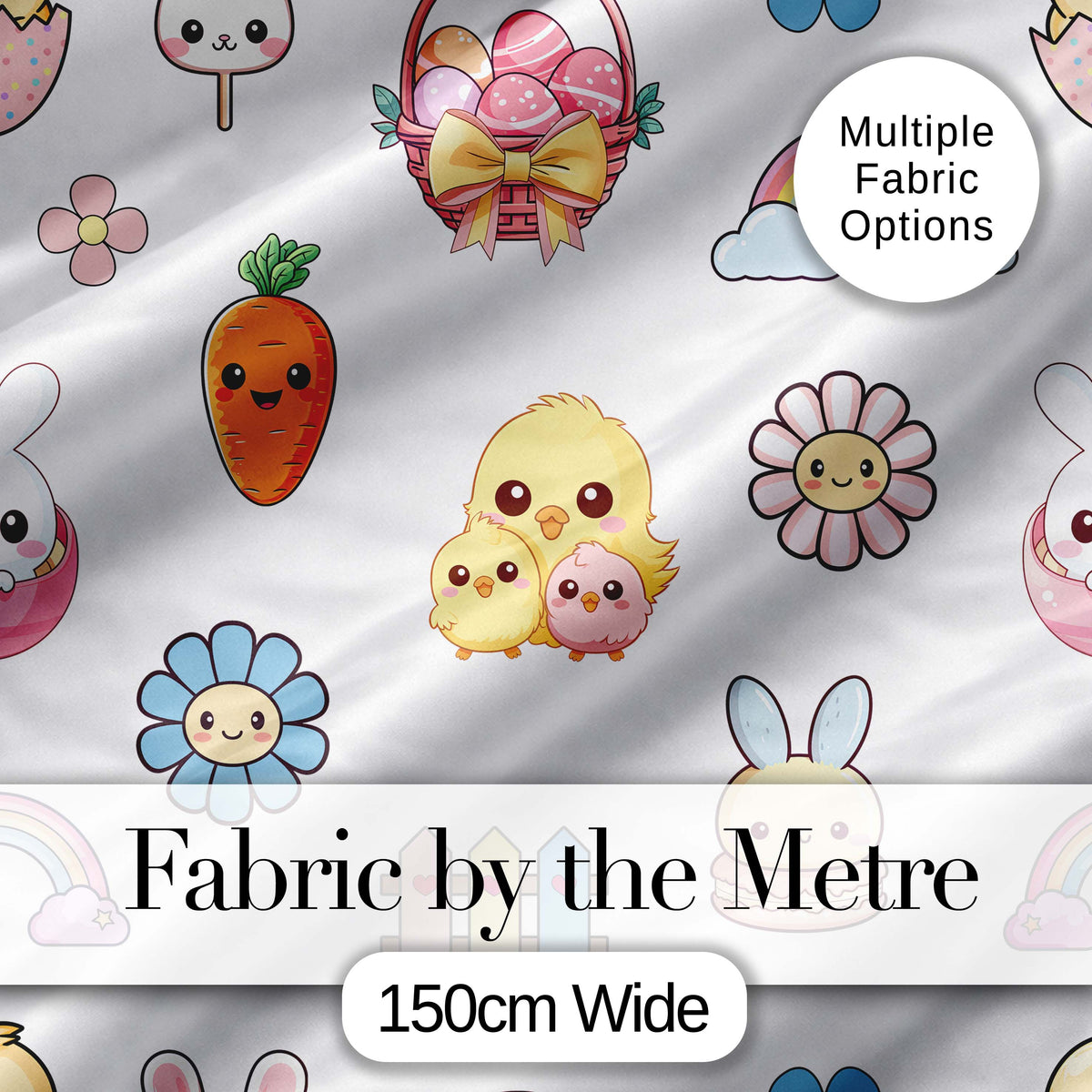 Cute Easter Chick Bunny Flower Fence Pastel Seamless Pattern Digital Print Fabric by the Metre UK Sewing Quilting Textile