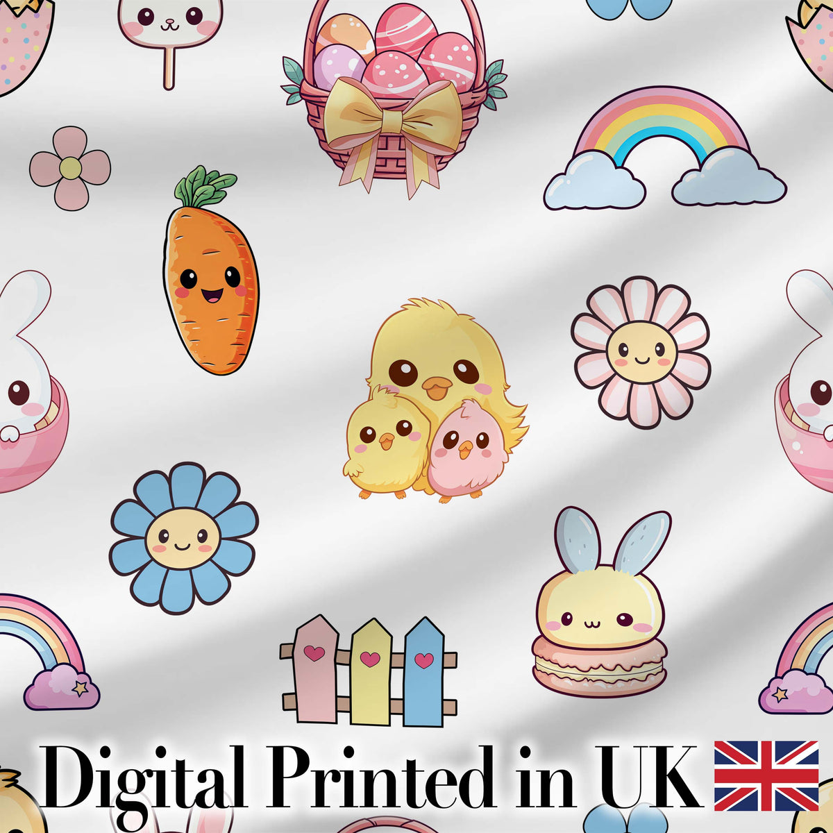Cute Easter Chick Bunny Flower Fence Pastel Seamless Pattern Digital Print Fabric by the Metre UK Sewing Quilting Textile