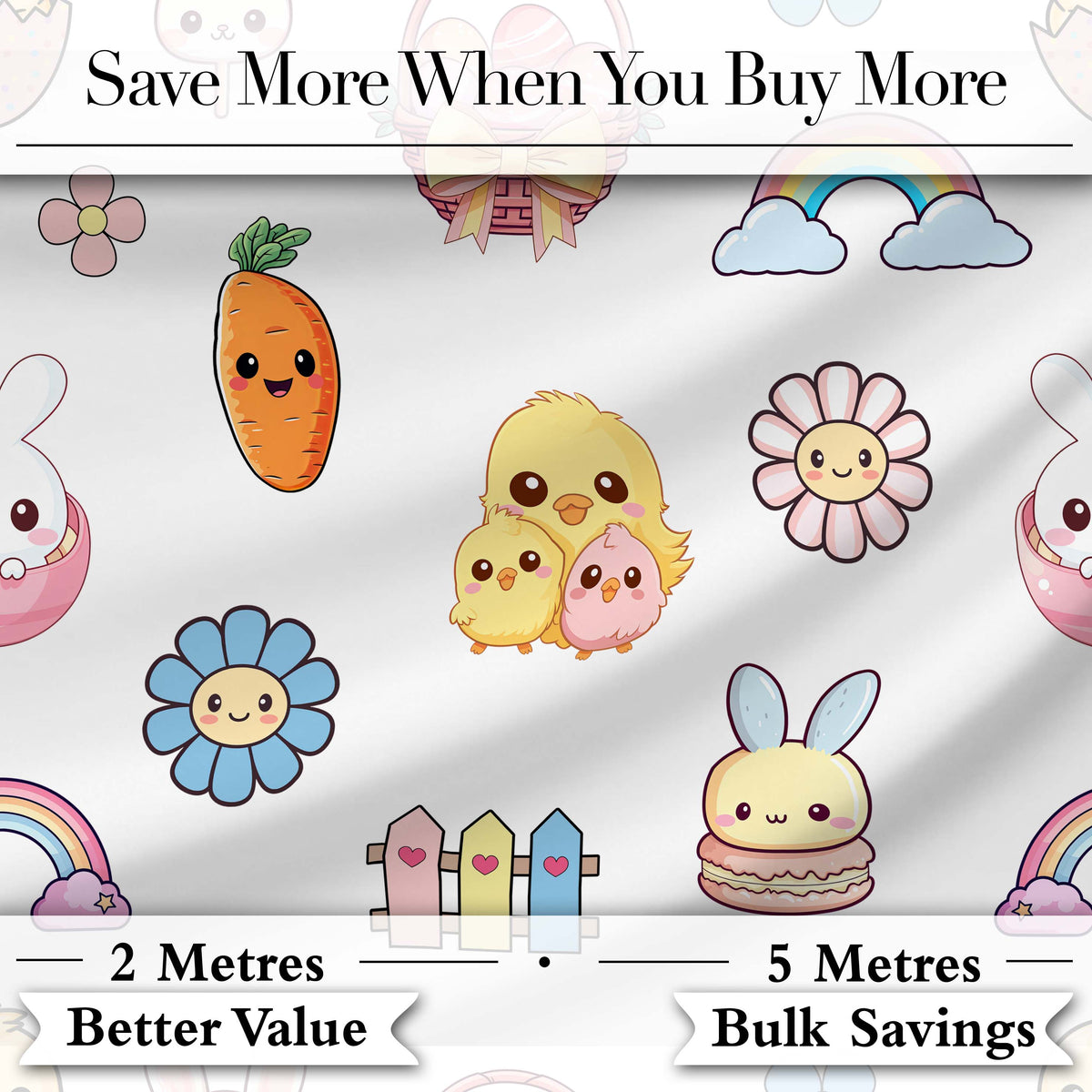 Cute Easter Chick Bunny Flower Fence Pastel Seamless Pattern Digital Print Fabric by the Metre UK Sewing Quilting Textile