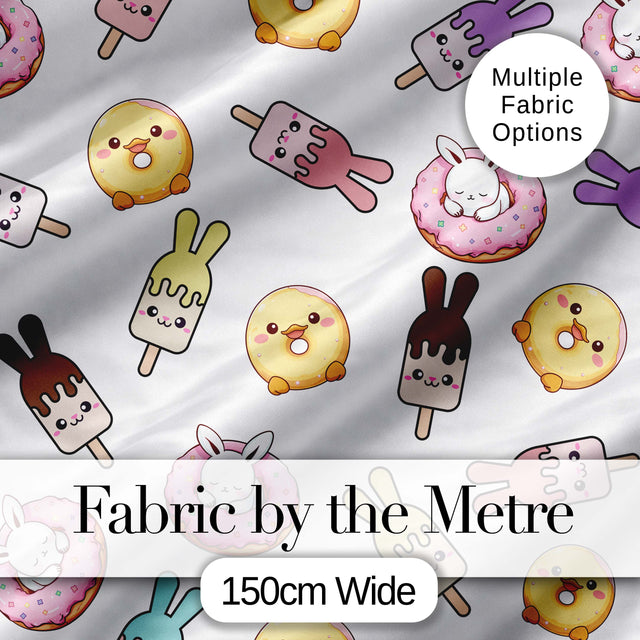 Cute Bunny Ice Cream Donut Dessert Sweet Kawaii Seamless Pattern Digital Print Fabric by the Metre UK Sewing Quilting Textile