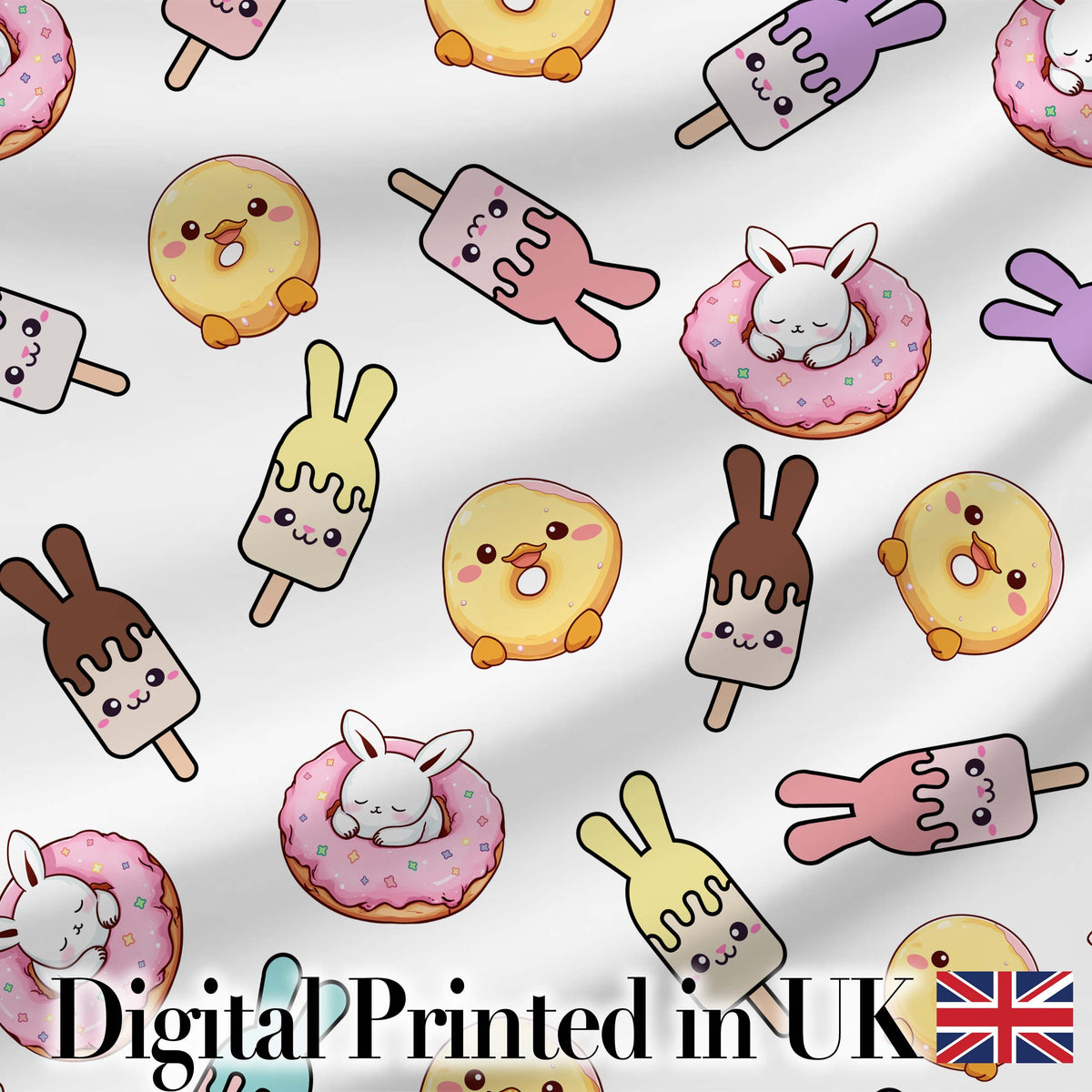 Cute Bunny Ice Cream Donut Dessert Sweet Kawaii Seamless Pattern Digital Print Fabric by the Metre UK Sewing Quilting Textile