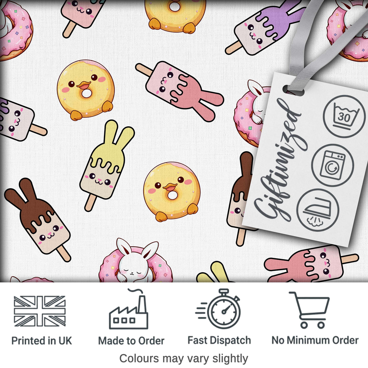 Cute Bunny Ice Cream Donut Dessert Sweet Kawaii Seamless Pattern Digital Print Fabric by the Metre UK Sewing Quilting Textile