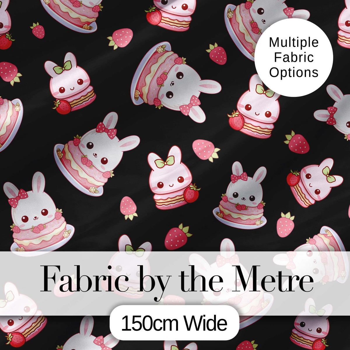 Cute Strawberry Bunny Macaron Dessert Kawaii Black Background Seamless Pattern Digital Print Fabric by the Metre UK Sewing Quilting Textile