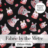 Cute Strawberry Bunny Macaron Dessert Kawaii Black Background Seamless Pattern Digital Print Fabric by the Metre UK Sewing Quilting Textile