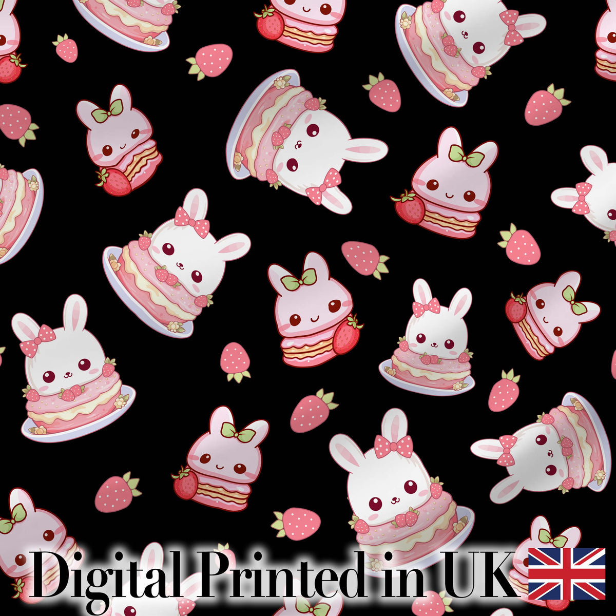 Cute Strawberry Bunny Macaron Dessert Kawaii Black Background Seamless Pattern Digital Print Fabric by the Metre UK Sewing Quilting Textile