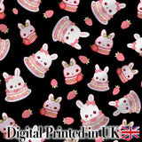 Cute Strawberry Bunny Macaron Dessert Kawaii Black Background Seamless Pattern Digital Print Fabric by the Metre UK Sewing Quilting Textile
