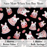 Cute Strawberry Bunny Macaron Dessert Kawaii Black Background Seamless Pattern Digital Print Fabric by the Metre UK Sewing Quilting Textile