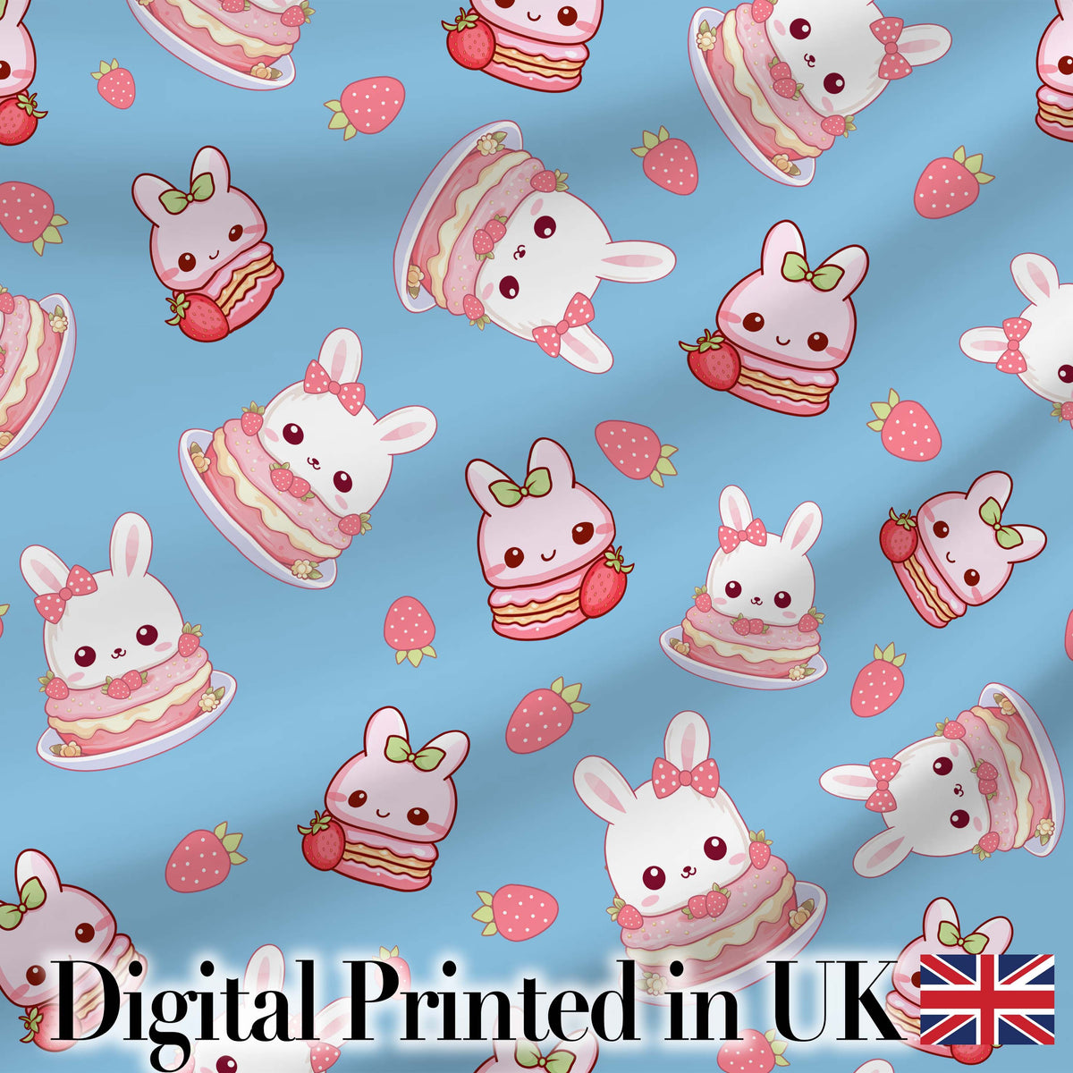 Cute Strawberry Bunny Macaron Dessert Kawaii Blue Background Seamless Pattern Digital Print Fabric by the Metre UK Sewing Quilting Textile